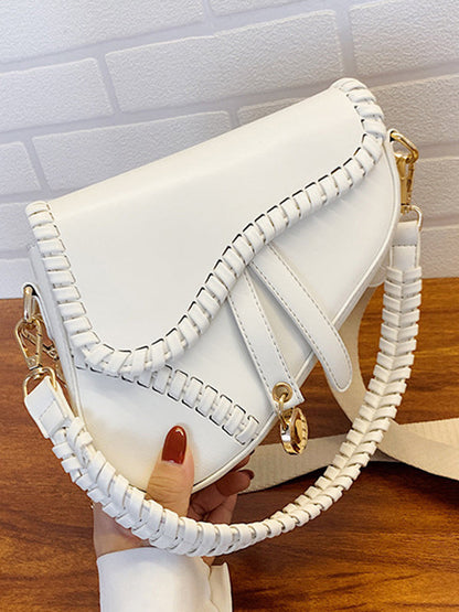 Urban Split-Joint Solid Color PU Shoulder Bag Saddle Bag