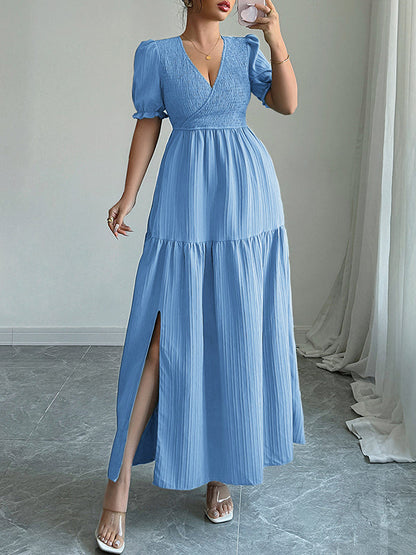 Half Sleeves High Waisted Pleated Solid Color Split-Front V-Neck Maxi Dresses