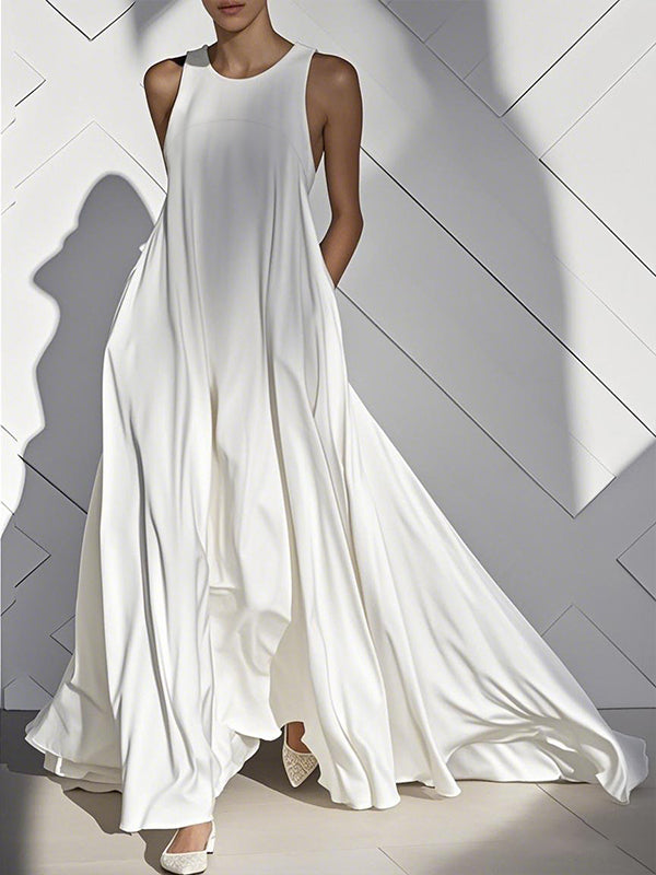 Loose Sleeveless Pockets Solid Color Split-Joint Round-Neck Maxi Dresses WHITE