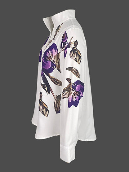 Long Sleeves Loose Flower Print Stand Collar Blouses&Shirts Tops