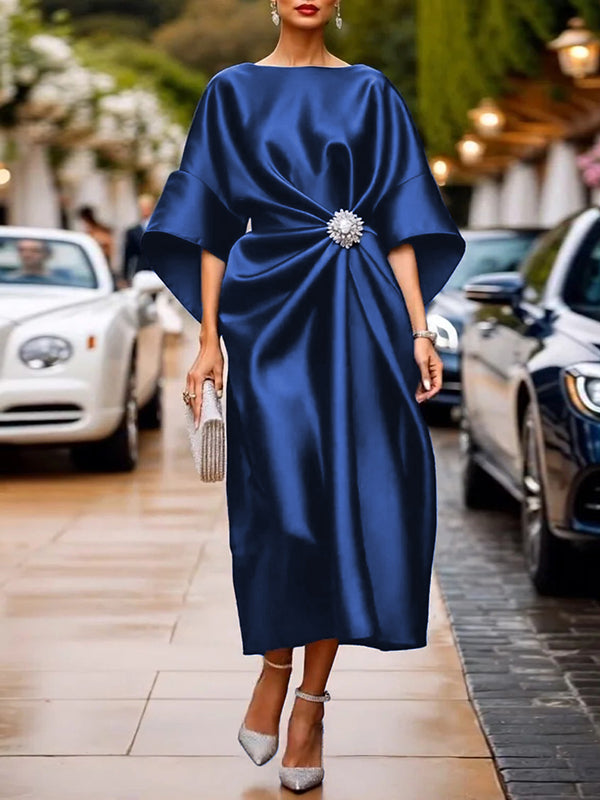 Loose Three-Quarter Sleeves Asymmetric Pleated Split-Joint Round-Neck Maxi Dresses