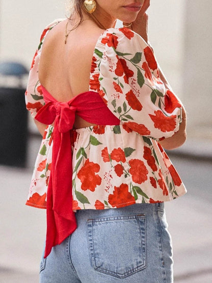 Loose Short Sleeves Backless Bow-Embellished Contrast Color Flower Print Pleated Split-Joint Square-Neck Blouses&Shirts Tops
