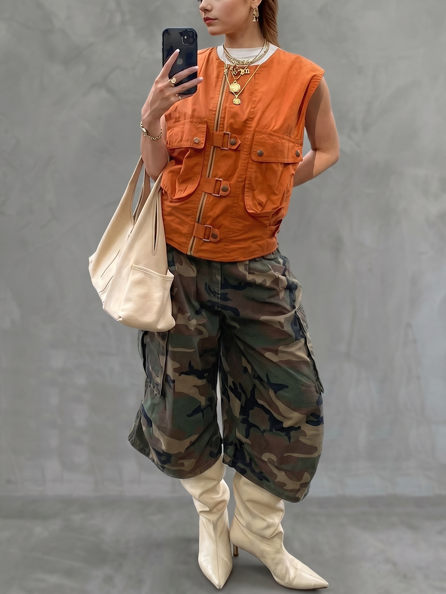 Loose Seven-Quarter Sleeves Camouflage Contrast Color Pockets Casual Pants Bottoms Cropped Trousers