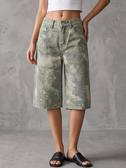 Cropped High Waisted Buttoned Contrast Color Pockets Printed Cropped Trousers Jean Pants Bottoms