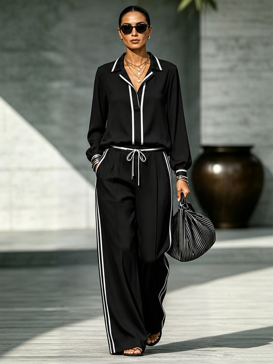 Striped Contrast Color Loose Long Sleeves Notched Collar Blouses&shirts Tops