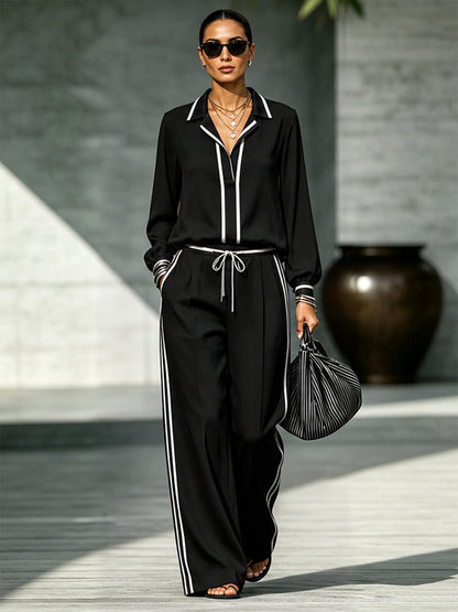 Striped Contrast Color Loose Long Sleeves Notched Collar Blouses&shirts Tops