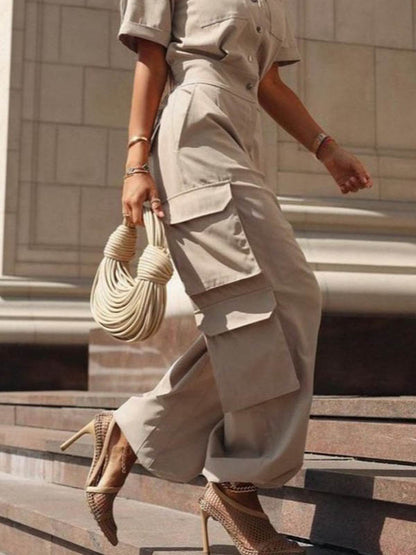 Loose Short Sleeves Buttoned Pockets Solid Color Lapel Jumpsuits