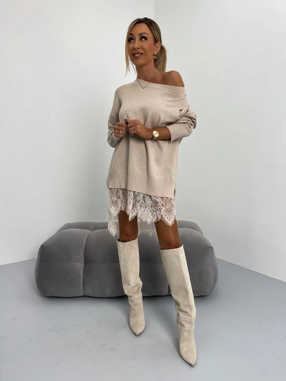 Lace Split Mid-Length Round Neck Hoodie Apricot S