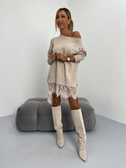 Lace Split Mid-Length Round Neck Hoodie Apricot S
