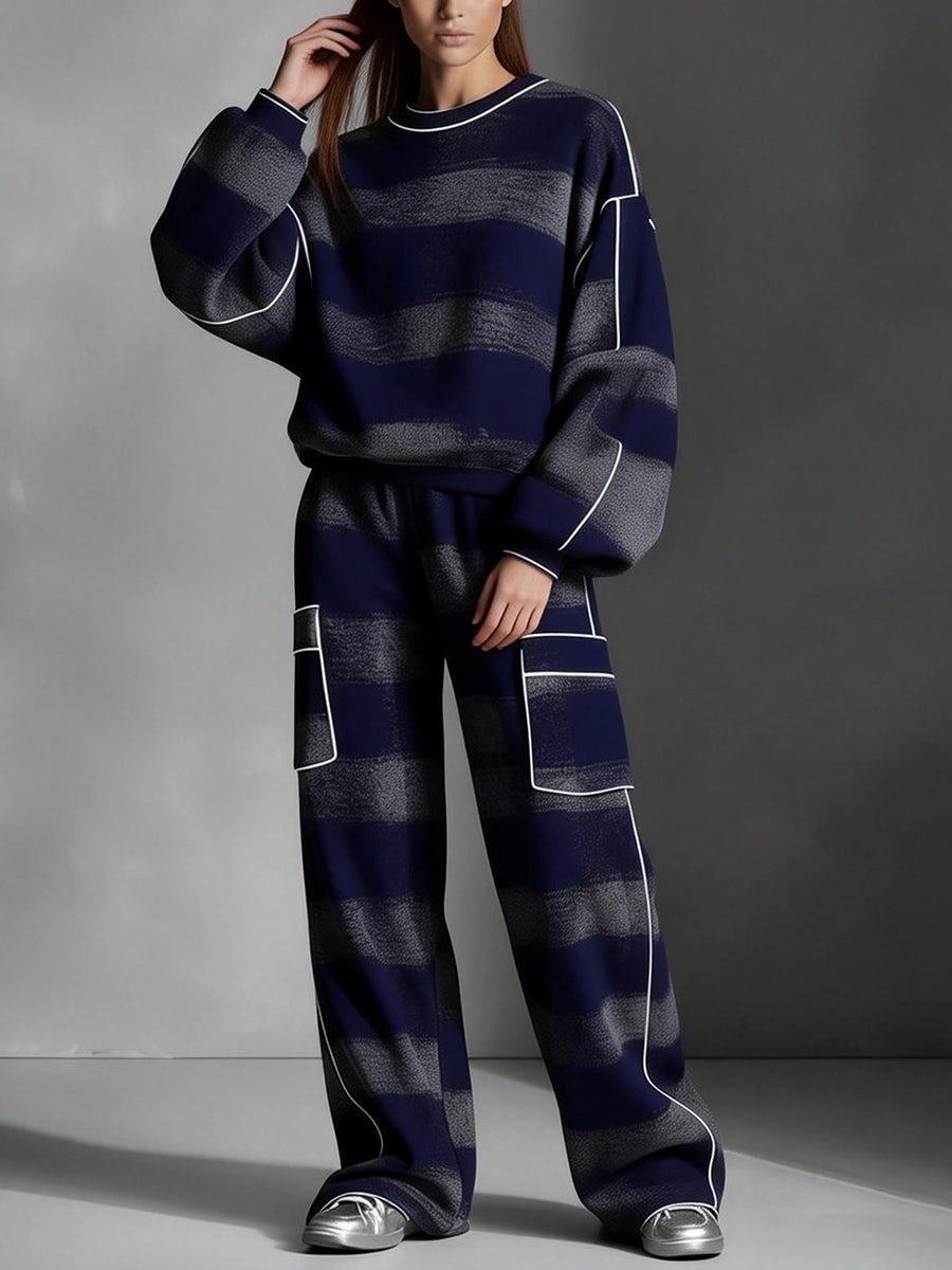 Loose Wide Leg Contrast Color Line Split-Joint Striped Pants