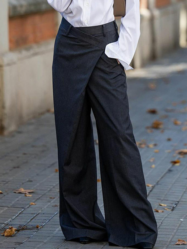 Pantalon de costume taille haute ample asymétrique de couleur unie à fentes 