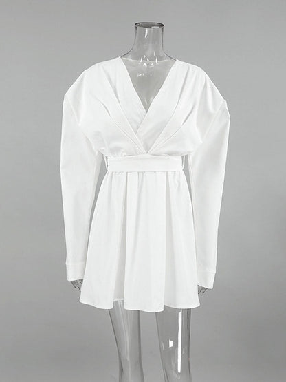 Long Sleeves Loose Pleated Solid Color Split-Joint Tied Waist V-Neck Mini Dresses Shirt Dress