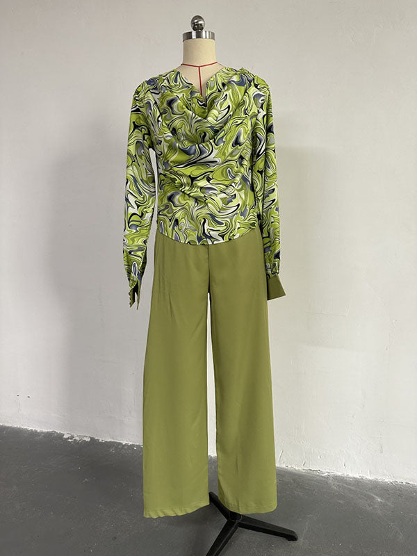 Long Sleeves Printed Heaps Collar Shirts Top + High Waisted Pants Bottom Two Pieces Set
