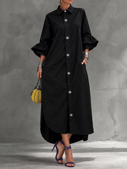 Split-side Solid Color Buttoned Three-quarter Sleeves Ruffle Sleeves Lapel Maxi Dresses