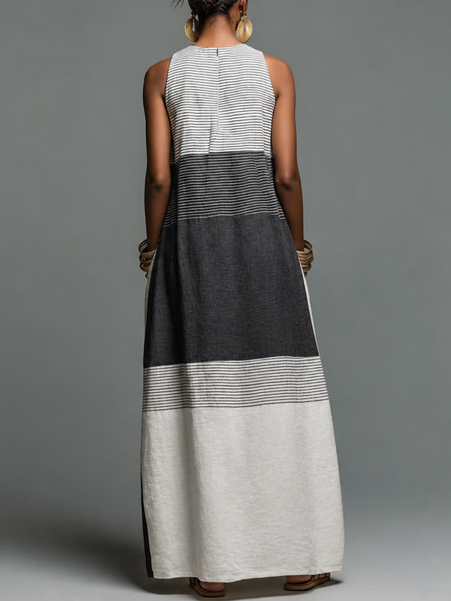 Striped Split-Joint Printed Pockets Contrast Color Sleeveless Loose Round-neck Maxi Dresses