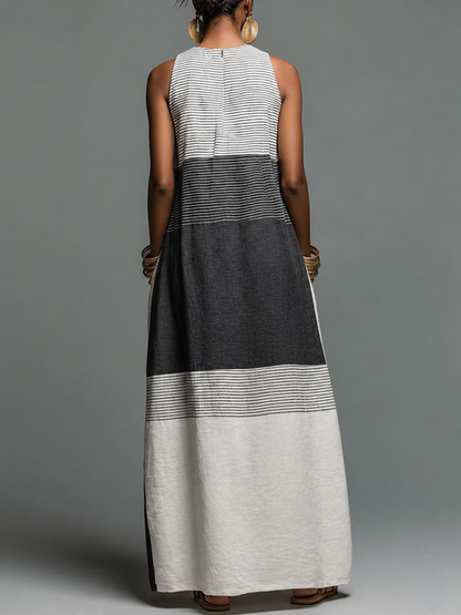 Striped Split-Joint Printed Pockets Contrast Color Sleeveless Loose Round-neck Maxi Dresses