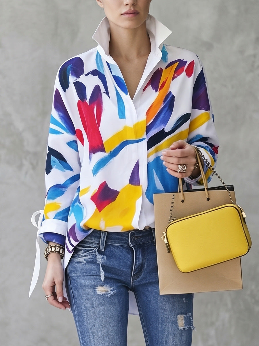 Long Sleeves Loose Buttoned Contrast Color Tied Lapel Blouses&Shirts Tops