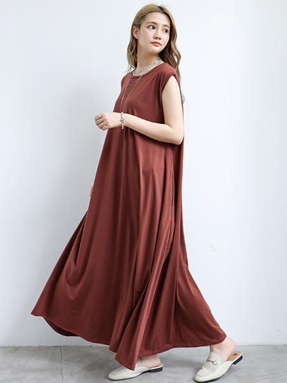 Simple Loose Sleeveless Solid Color Round-Neck Maxi Dresses