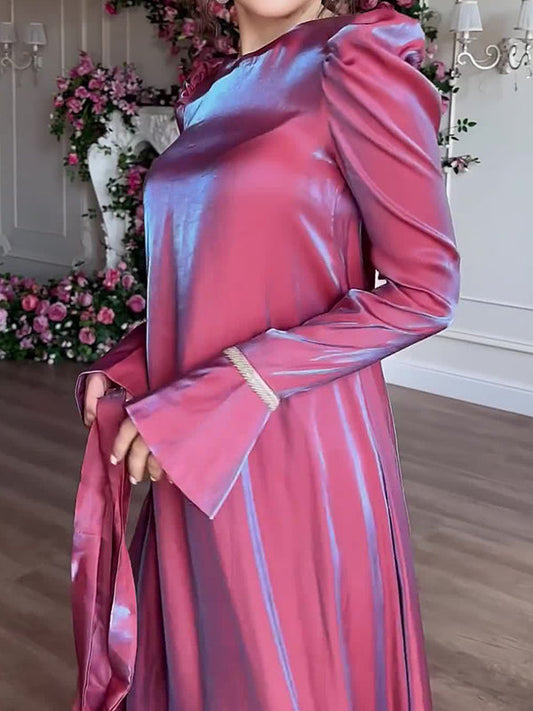 Robe longue trapèze à manches longues, plissée, couleur unie, taille nouée, fermeture éclair, col rond 