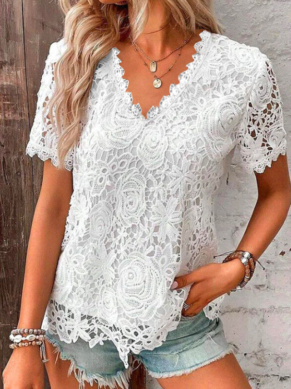 Loose Plus Size Embroidered Hollow Solid Color Split-Joint V-Neck T-Shirts Tops