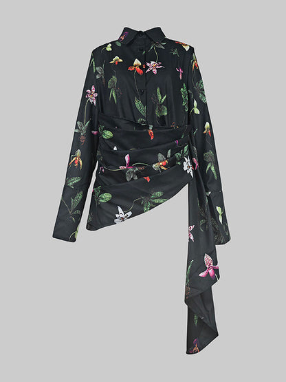 Long Sleeves Loose Asymmetric Flower Print Split-Joint Lapel Blouses&Shirts Tops