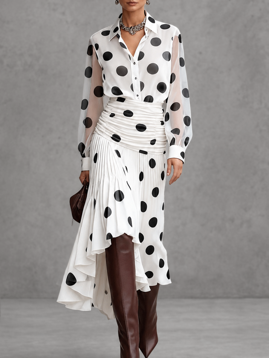 Long Sleeves Loose Buttoned Polka-Dot Printed Lapel Blouses&Shirts Tops