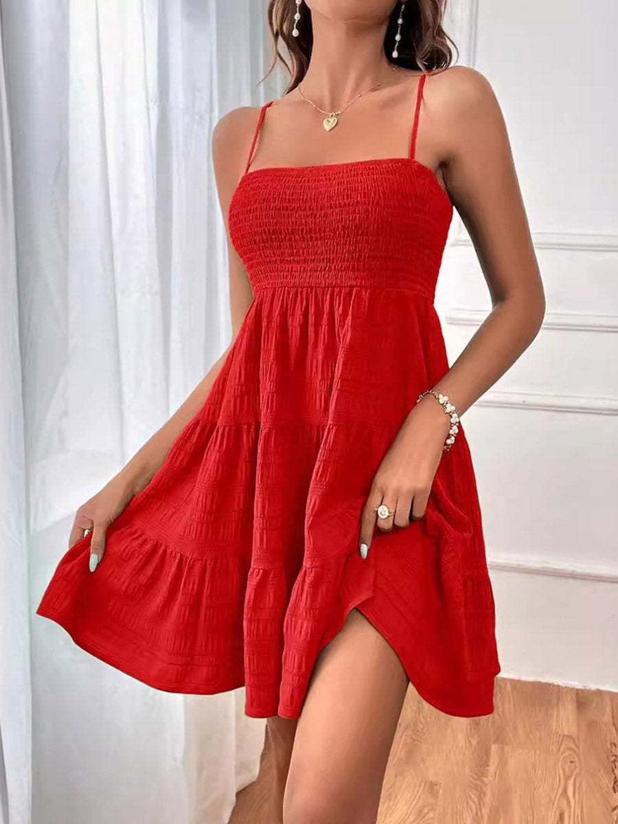 Elasticated Waist High Waisted Pleated Solid Color Split-Joint Spaghetti-Neck Mini Dresses