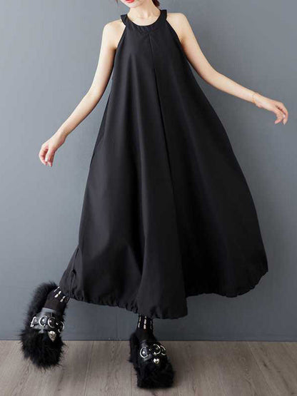 A-Line Loose Drawstring Pleated Pockets Solid Color Zipper Spaghetti-Neck Midi Dresses
