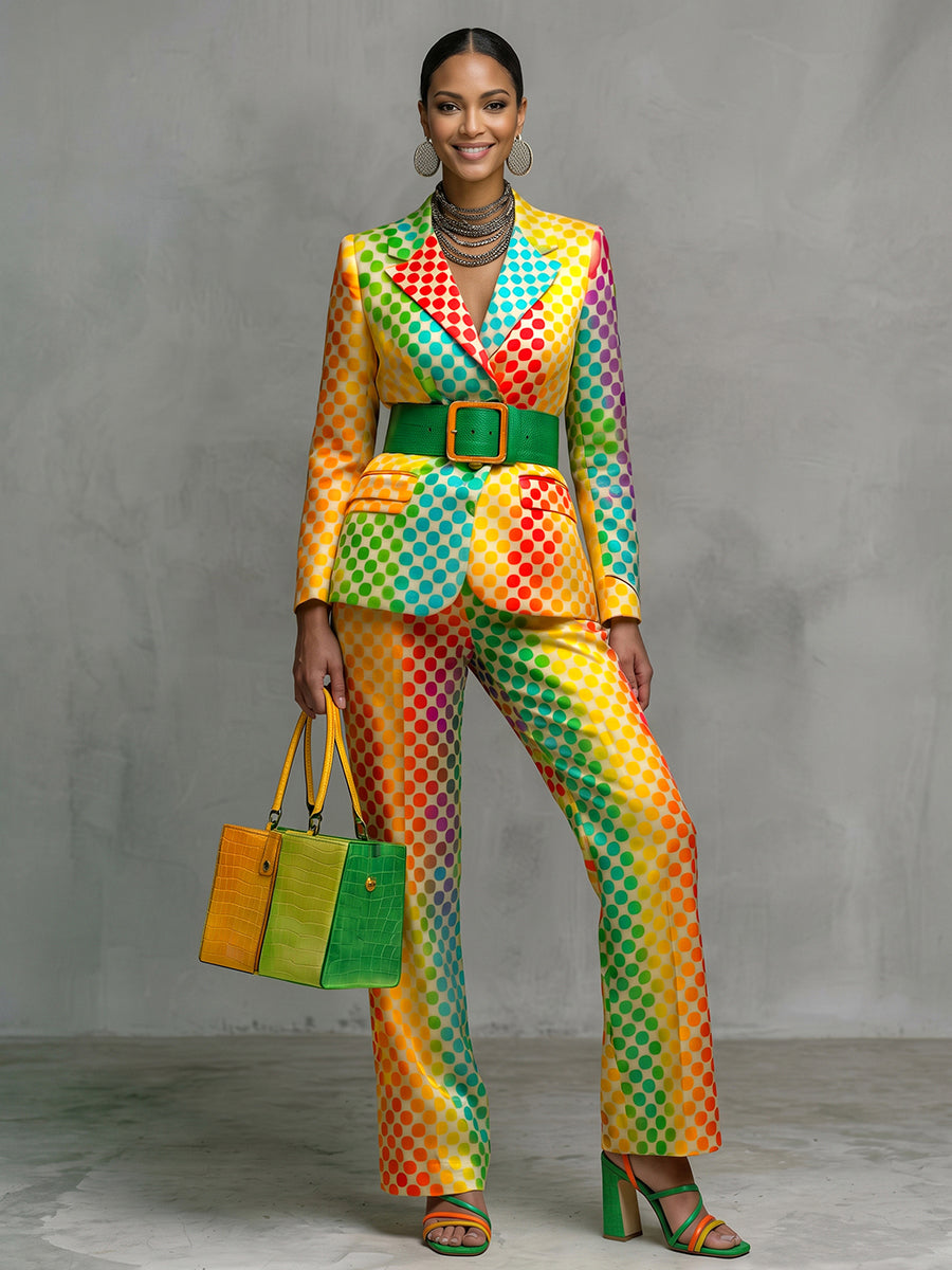 Polka-Dot No Belt Contrast Color Colorful Long Sleeves Notched Collar Outerwear Blazer