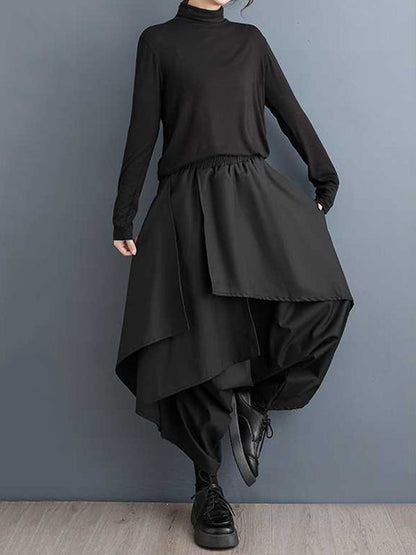 Culotte taille haute ample asymétrique élastique superposée de couleur unie 