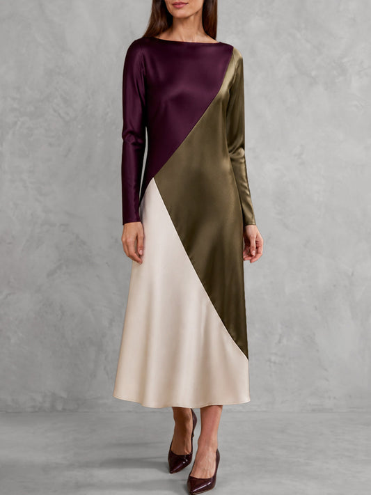 Split-Joint Contrast Color Long Sleeves Boat Neck Midi Dresses