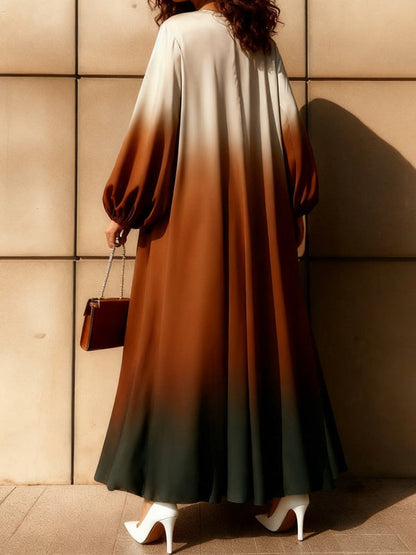 A-Line Long Sleeves Elasticity Gradient Pockets Round-Neck Maxi Dresses