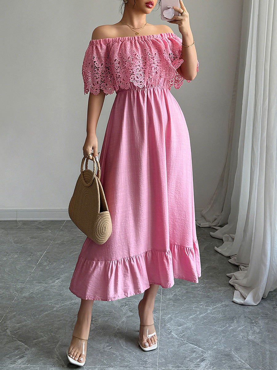 A-Line High Waisted Pleated Ruffled Solid Color Split-Joint One-Shoulder Midi Dresses