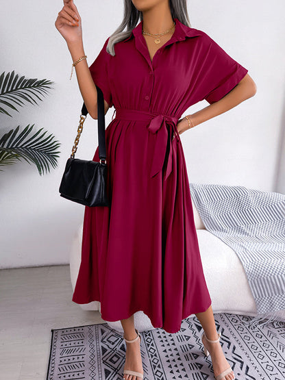 Loose Short Sleeves Solid Color Split-Joint Tied Waist Lapel Midi Dresses Shirt Dress