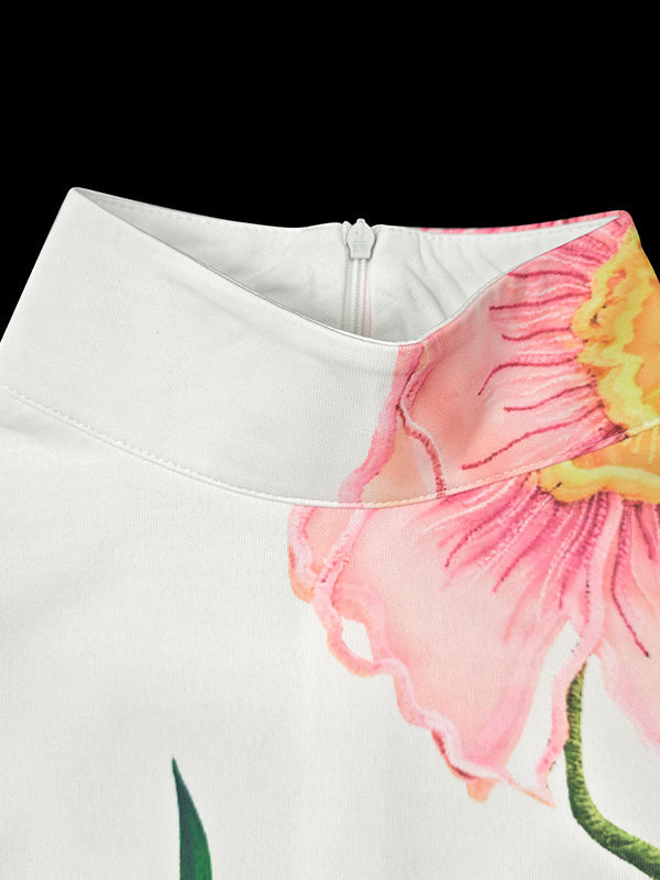 Long Sleeves Loose Flower Print High Neck Midi Dresses