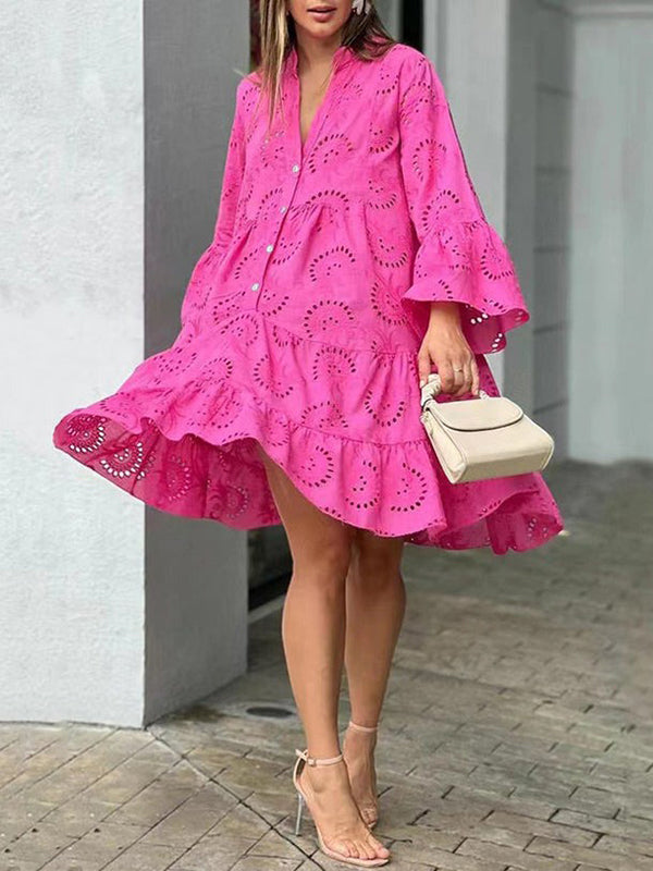 A-Line Flared Sleeves Buttoned Hollow Solid Color Split-Joint V-Neck Mini Dresses