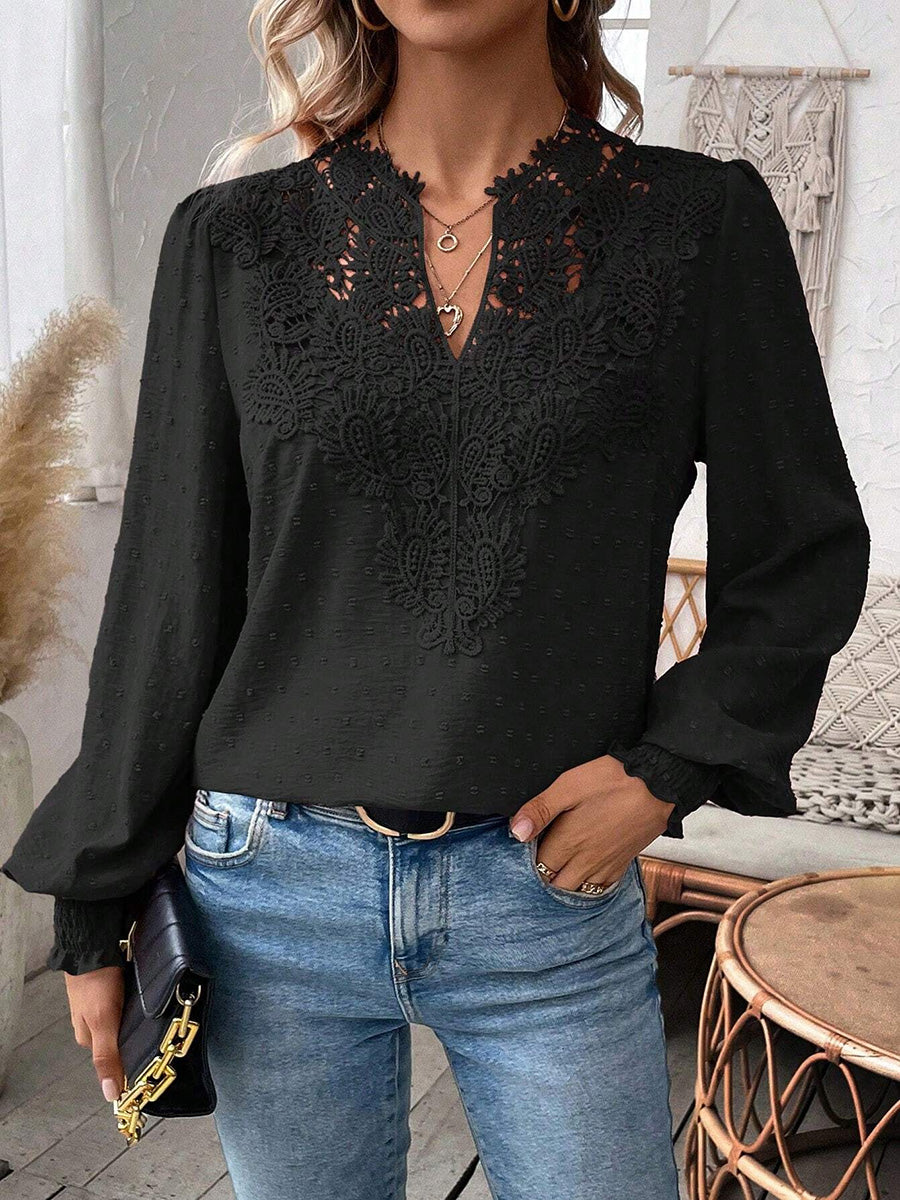 Balloon Sleeves Long Sleeves Embroidered Hollow Solid Color V-Neck Blouses&Shirts Tops