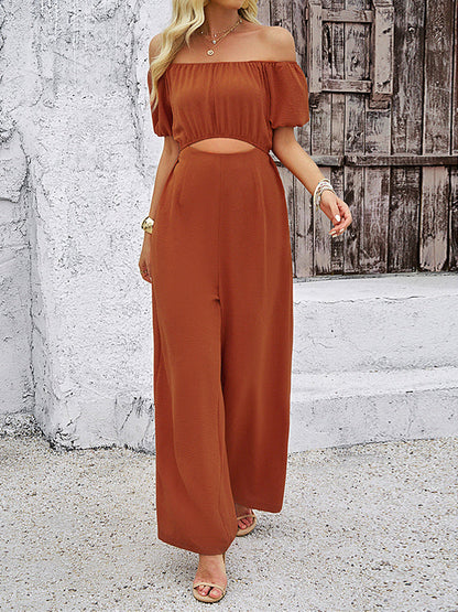 High Waisted Loose Elasticity Hollow Solid Color Tied Waist Off-The-Shoulder Jumpsuits