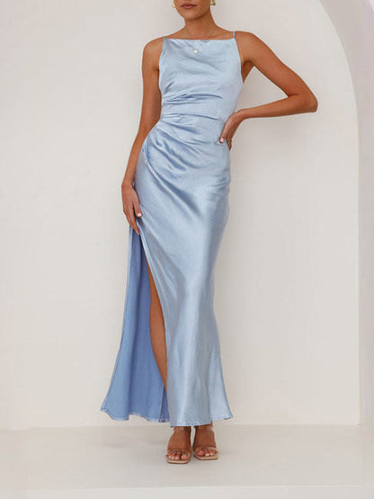 Sleeveless Pleated Solid Color Split-Joint Split-Side Spaghetti-Neck Midi Dresses