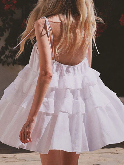 Mini-robes taille haute amples, dos nu, plissées, superposées, couleur unie, nouées, col spaghetti 