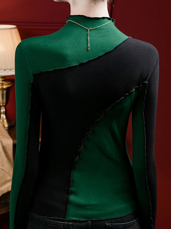 Long Sleeves Plus Size Contrast Color Ruffle Trim Split-Joint Mock Neck T-Shirts Tops