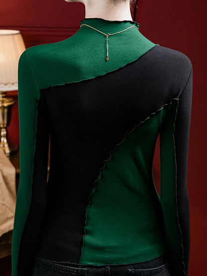 Long Sleeves Plus Size Contrast Color Ruffle Trim Split-Joint Mock Neck T-Shirts Tops