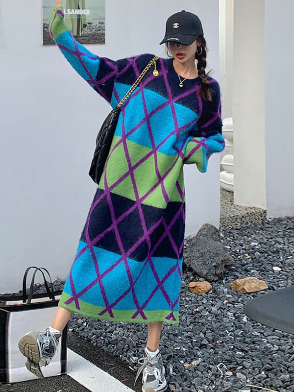 Long Sleeves Loose Contrast Color Plaid Split-Joint Round-Neck Midi Dresses Sweater Dresses