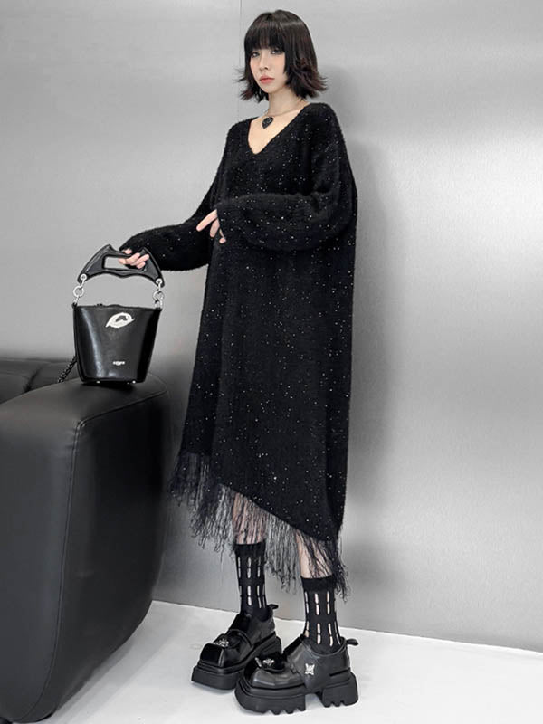 Irregularity Long Sleeves Contrast Color Sequined Shiny Split-Joint Tasseled V-Neck Midi Dresses Sweater Dresses