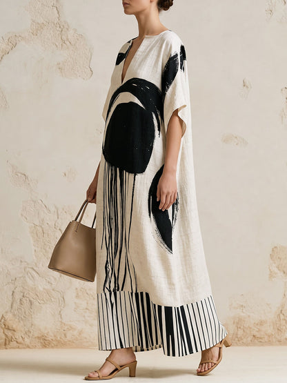 Striped Split-Joint Printed Contrast Color Short Sleeves Loose V-neck Maxi Dresses