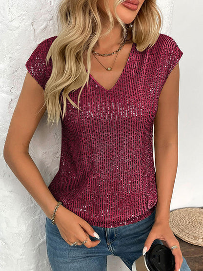 T-shirts amples à manches chauve-souris et col en V brillants et pailletés 