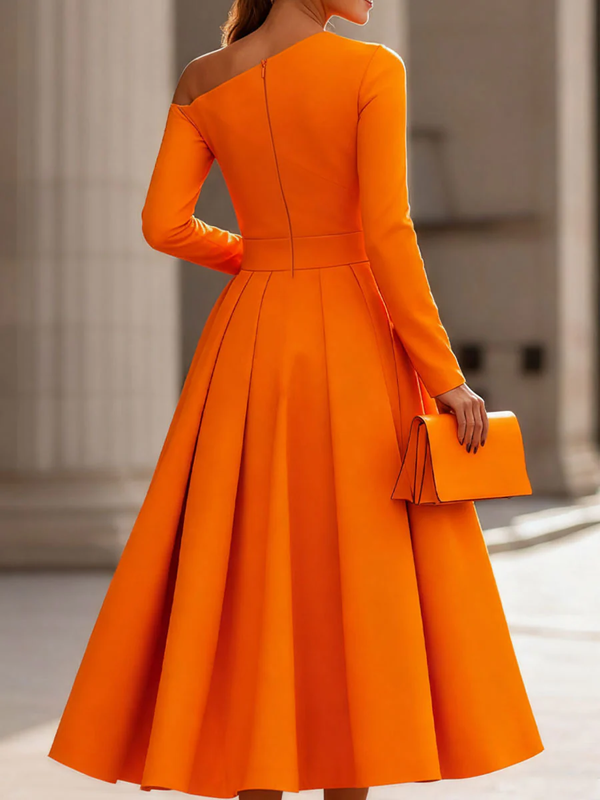 A-Line High Waisted Pleated Solid Color Zipper One-Shoulder Maxi Dresses