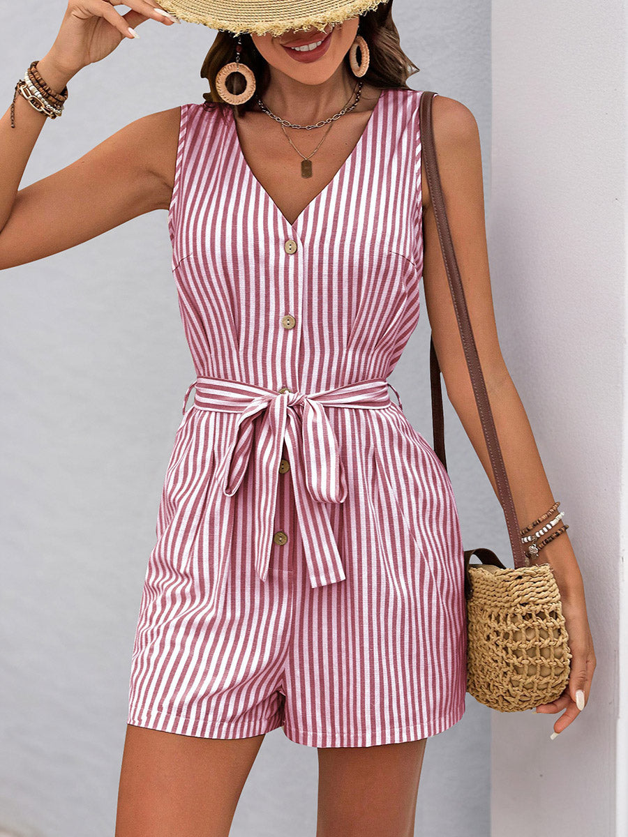 Elasticated Waist High Waisted Buttoned Pockets Striped Tied Waist V-Neck Rompers