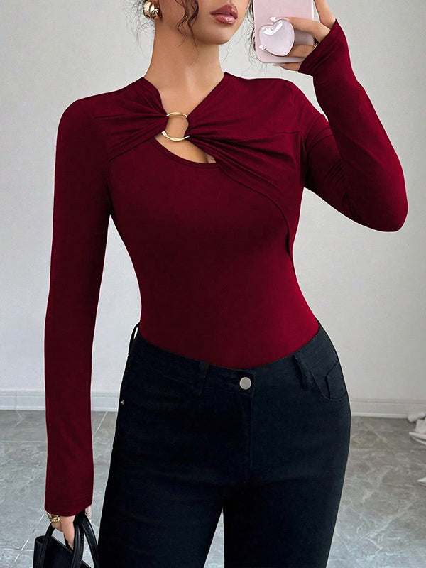 Long Sleeves Skinny Solid Color Split-Joint Asymmetric Collar T-Shirts
