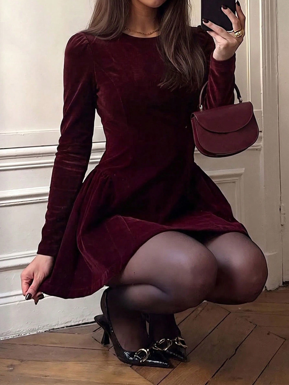 Velvet Solid Color Pleated Hollow Long Sleeves High Waisted Round-neck Mini Dresses